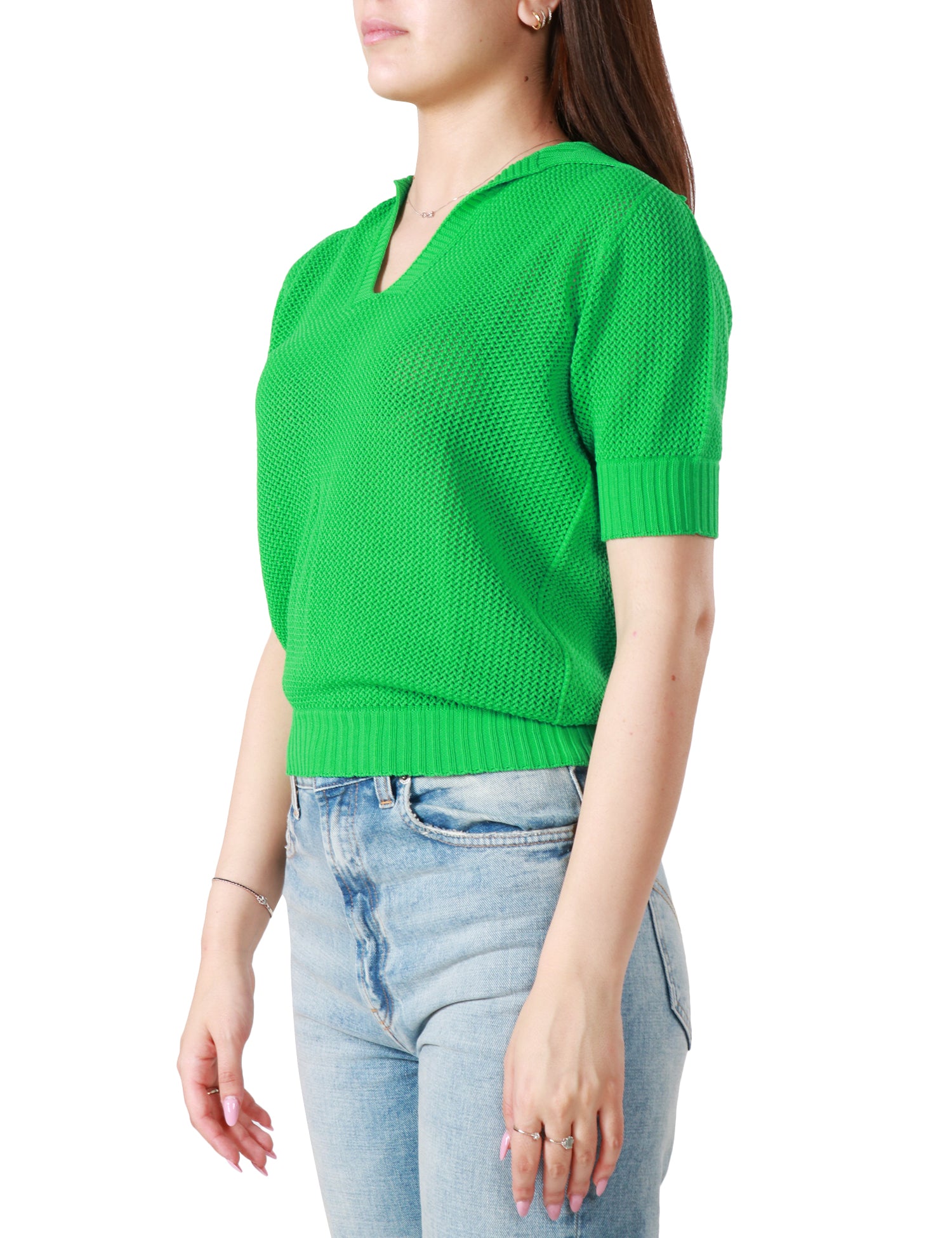 MAGLIA POLO AROVESCIO VERDE A MEZZA MANICA CON TRAMA IN PUNTO AJOUR 100% COTONE