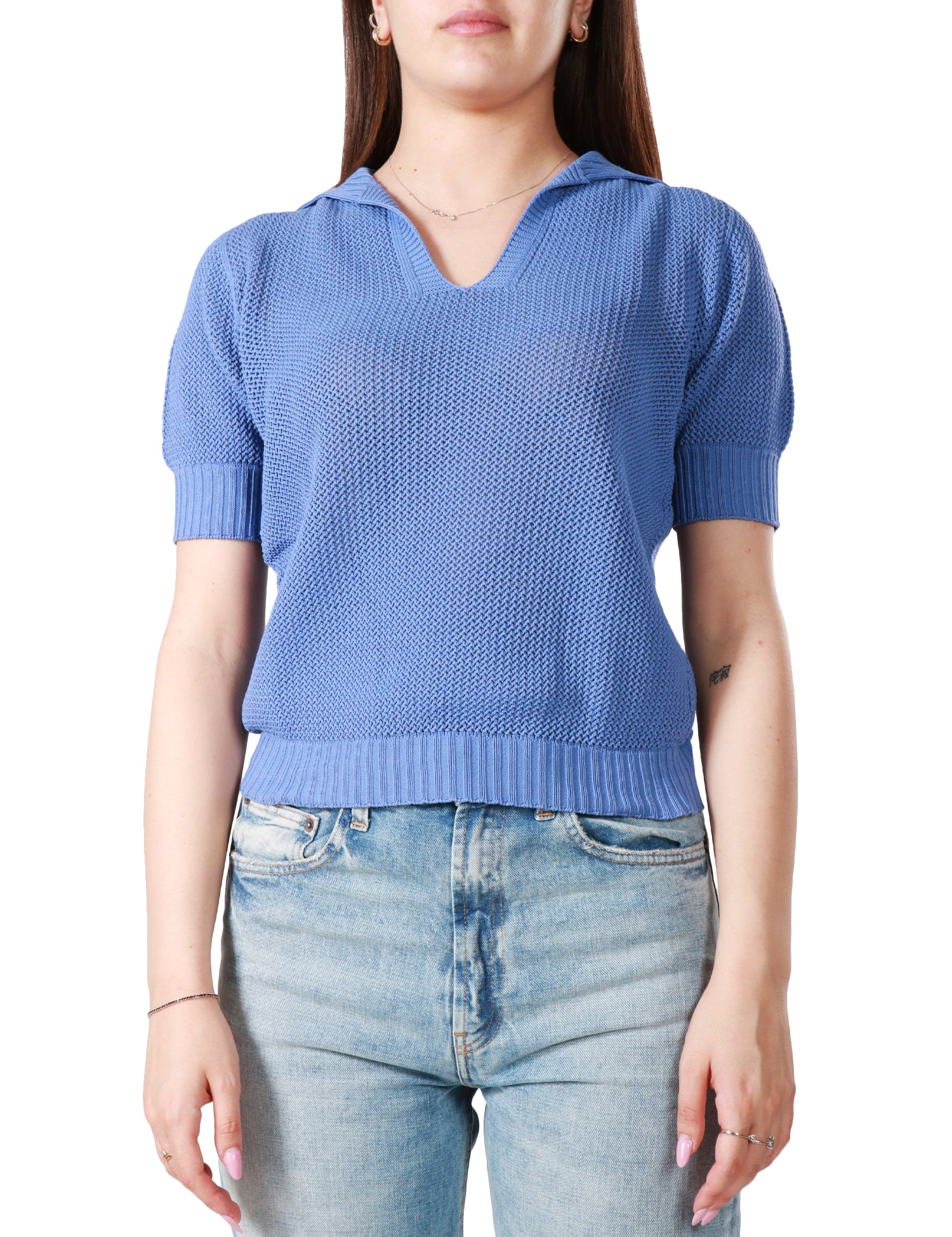 MAGLIA POLO DONNA AROVESCIO CIELO A MEZZA MANICA CON TRAMA IN PUNTO AJOUR 100% COTONE