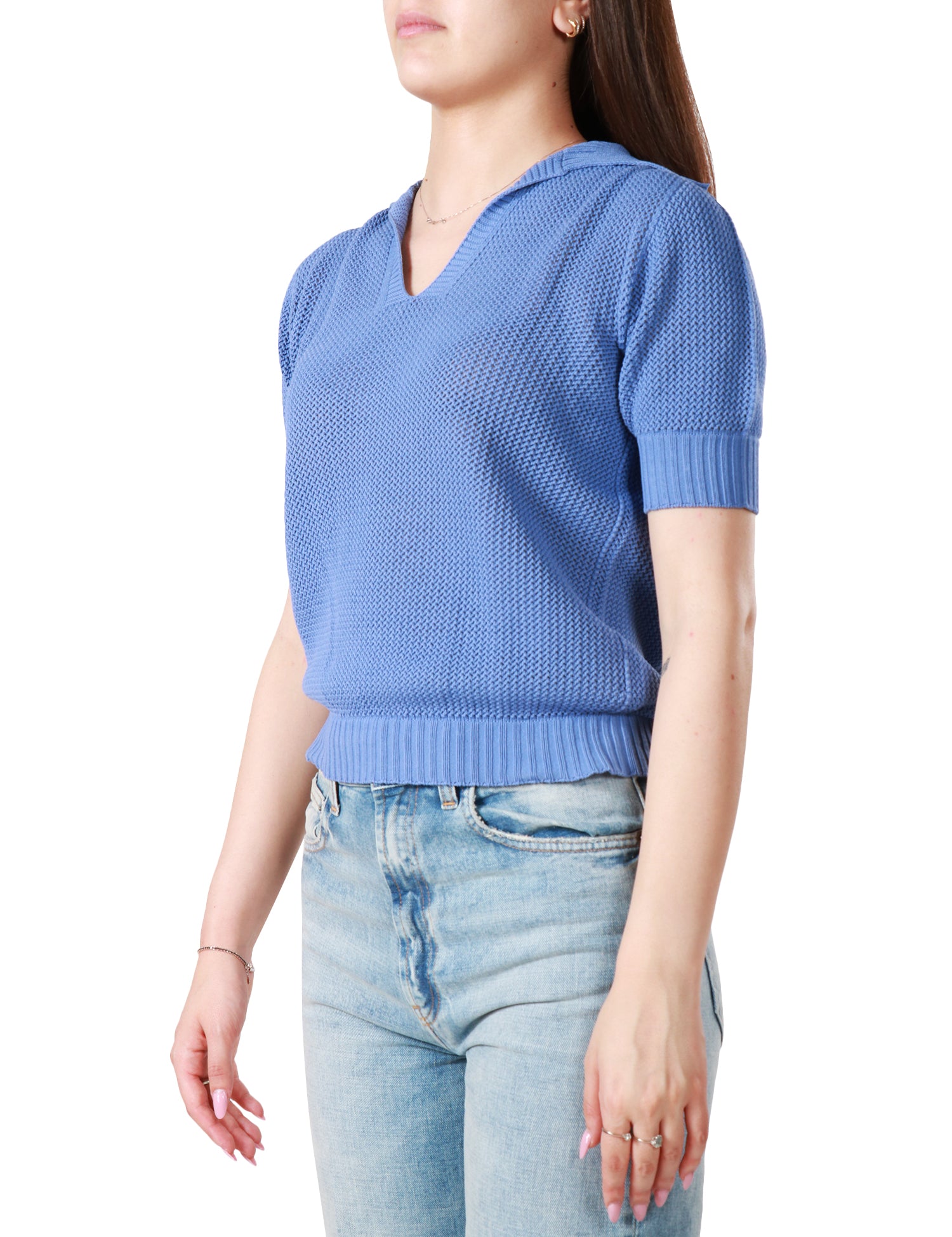 MAGLIA POLO DONNA AROVESCIO CIELO A MEZZA MANICA CON TRAMA IN PUNTO AJOUR 100% COTONE