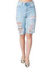 BERMUDA DONNA DONDUP MAE IN DENIM CHIARO A VITA BASSA CON MACROROTTURE