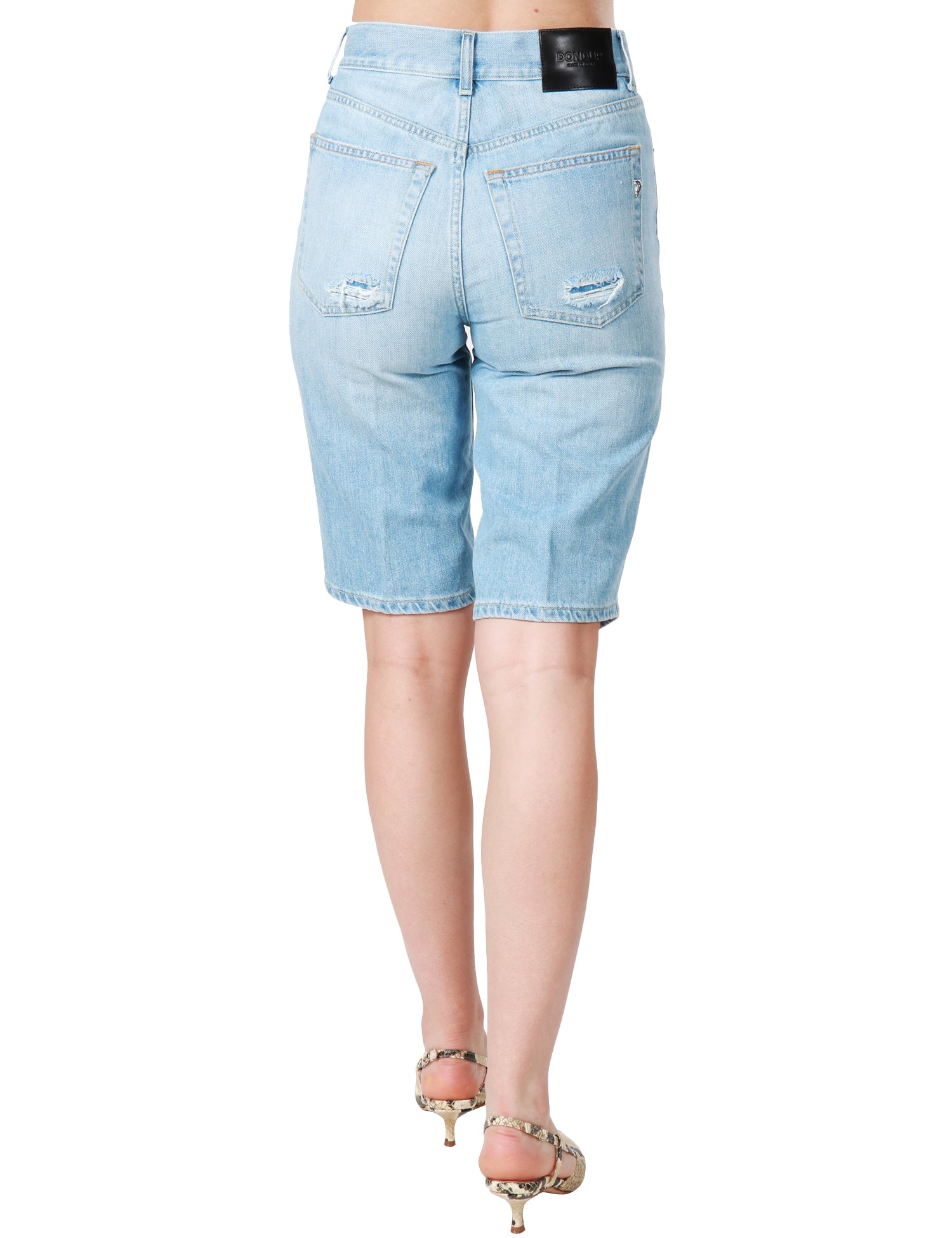 BERMUDA DONNA DONDUP MAE IN DENIM CHIARO A VITA BASSA CON MACROROTTURE