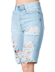 BERMUDA DONNA DONDUP MAE IN DENIM CHIARO A VITA BASSA CON MACROROTTURE