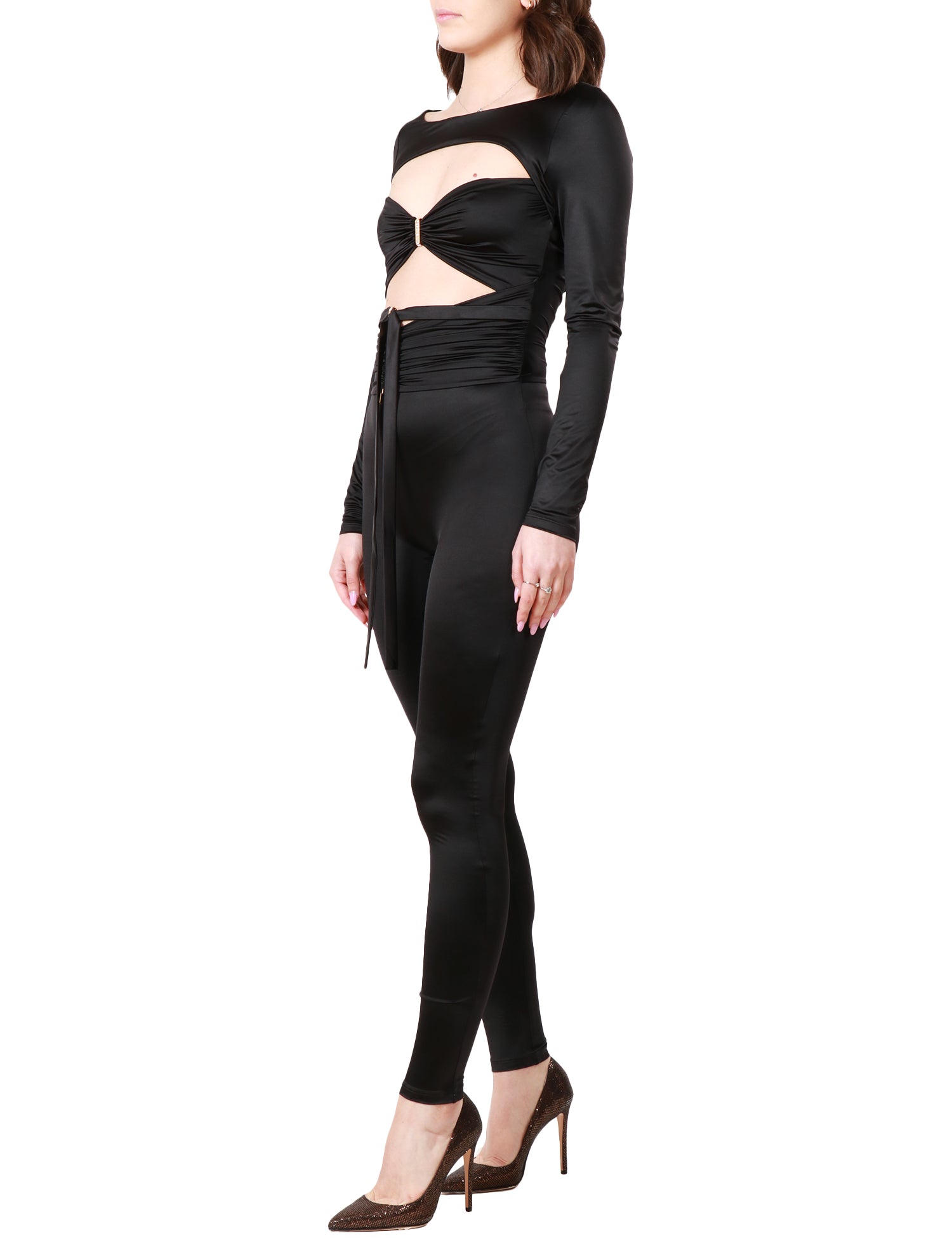 TUTA INTERA DONNA ELISABETTA FRANCHI NERA A MANICA LUNGA IN LYCRA LUCIDA CON CUT OUT SULL'ADDOME