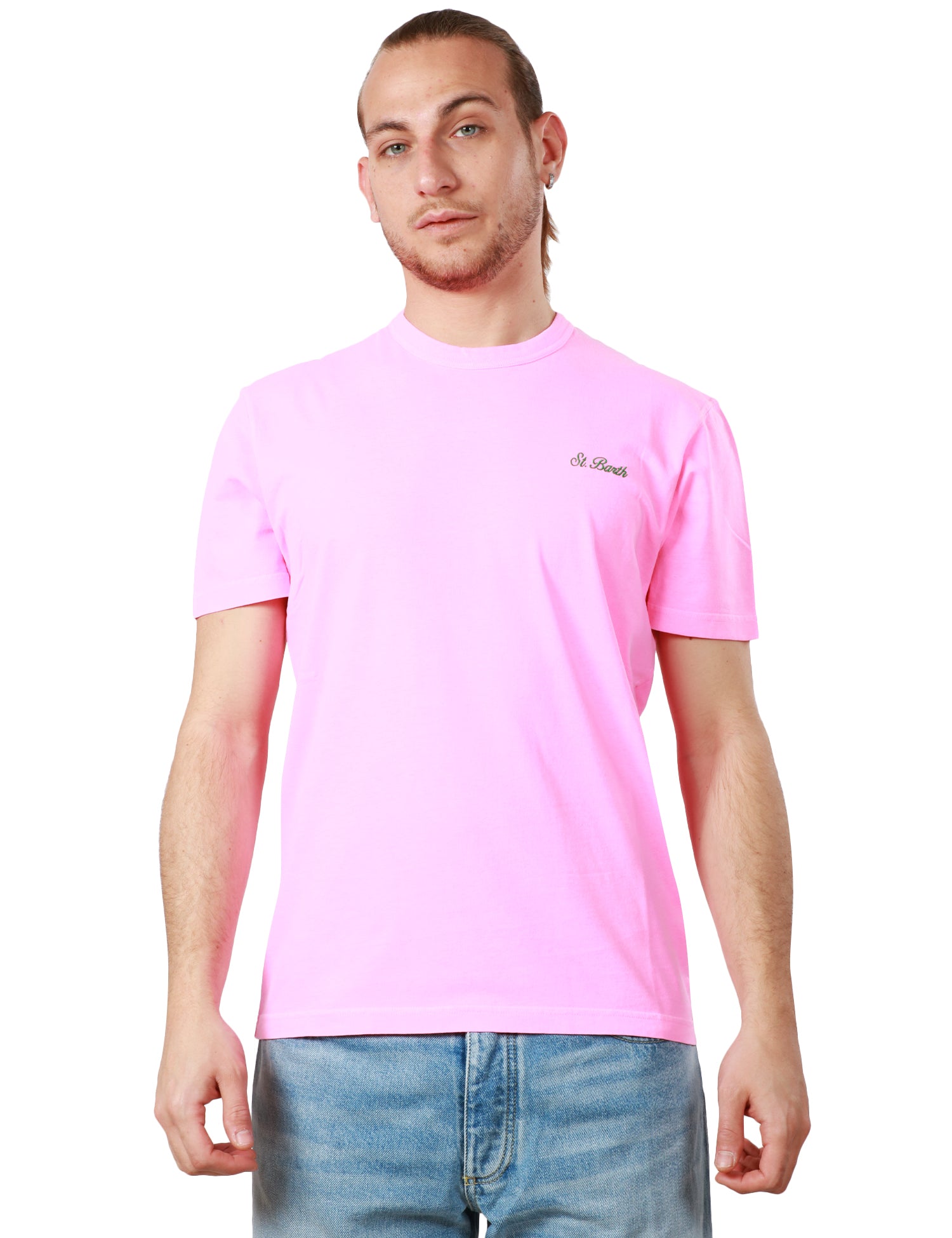 T-SHIRT UOMO MC 2 SAINT BARTH ROSA GIROCOLLO CON LOGO RICAMATO SUL PETTO 100% COTONE