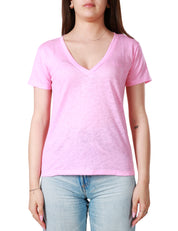 T-SHIRT DONNA MC 2 SAINT BARTH ROSA CON SCOLLO A V E LOGO IN TONO RICAMATO SUL PETTO IN JERSEY DII LINO LEGGERO