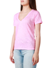 T-SHIRT DONNA MC 2 SAINT BARTH ROSA CON SCOLLO A V E LOGO IN TONO RICAMATO SUL PETTO IN JERSEY DII LINO LEGGERO