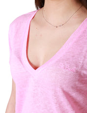 T-SHIRT DONNA MC 2 SAINT BARTH ROSA CON SCOLLO A V E LOGO IN TONO RICAMATO SUL PETTO IN JERSEY DII LINO LEGGERO