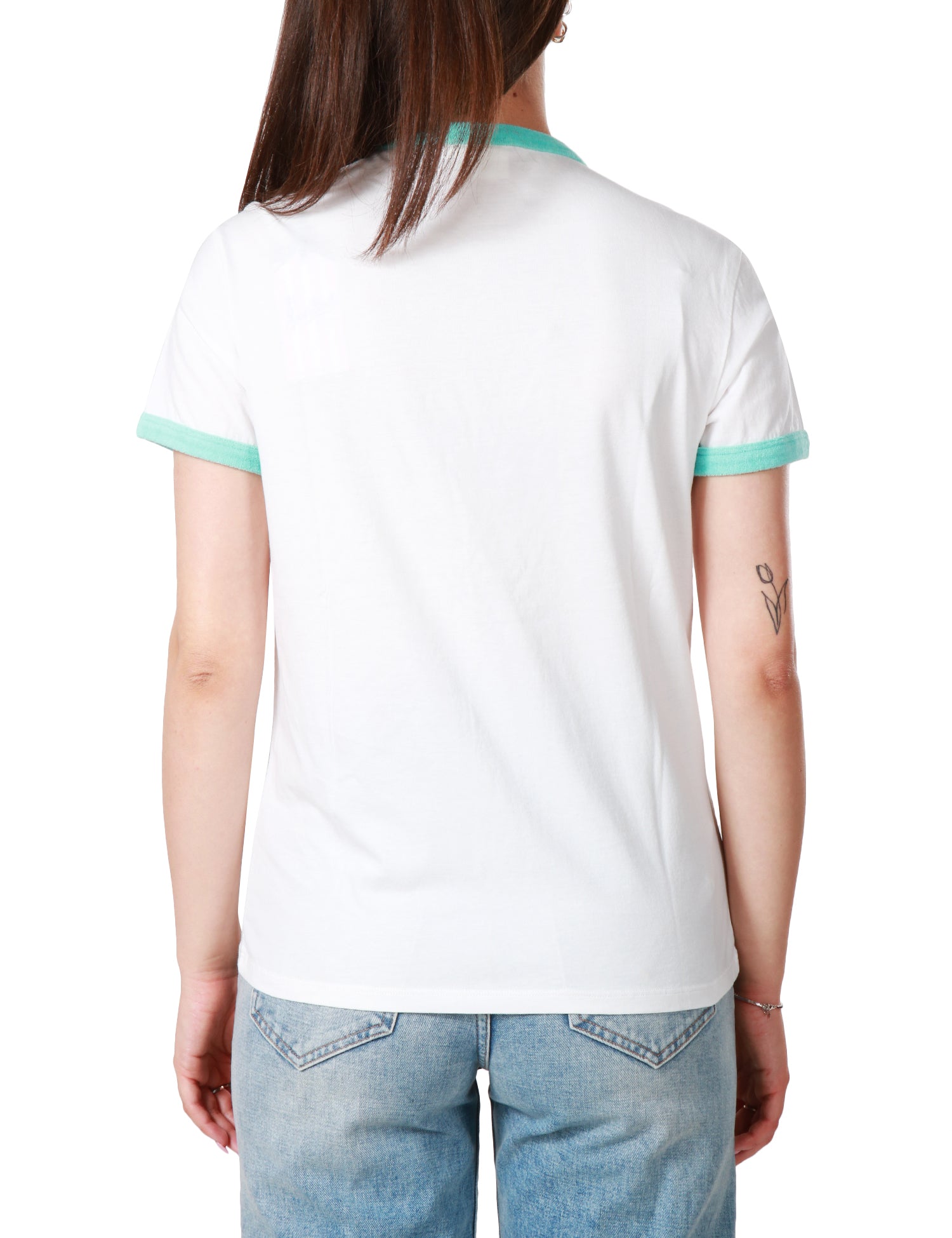 T-SHIRT DONNA MC 2 SAINT BARTH BIANCA GIROCOLLO CON SCRITTA LOGO COLORATA E BORDI VERDE ACQUA