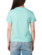 T-SHIRT DONNA MC 2 SAINT BARTH VERDE ACQUA GIROCOLLO CON TASCHINO DI STOFFA A FIORI E LOGO IN TONO RICAMATO SULLA MANICA