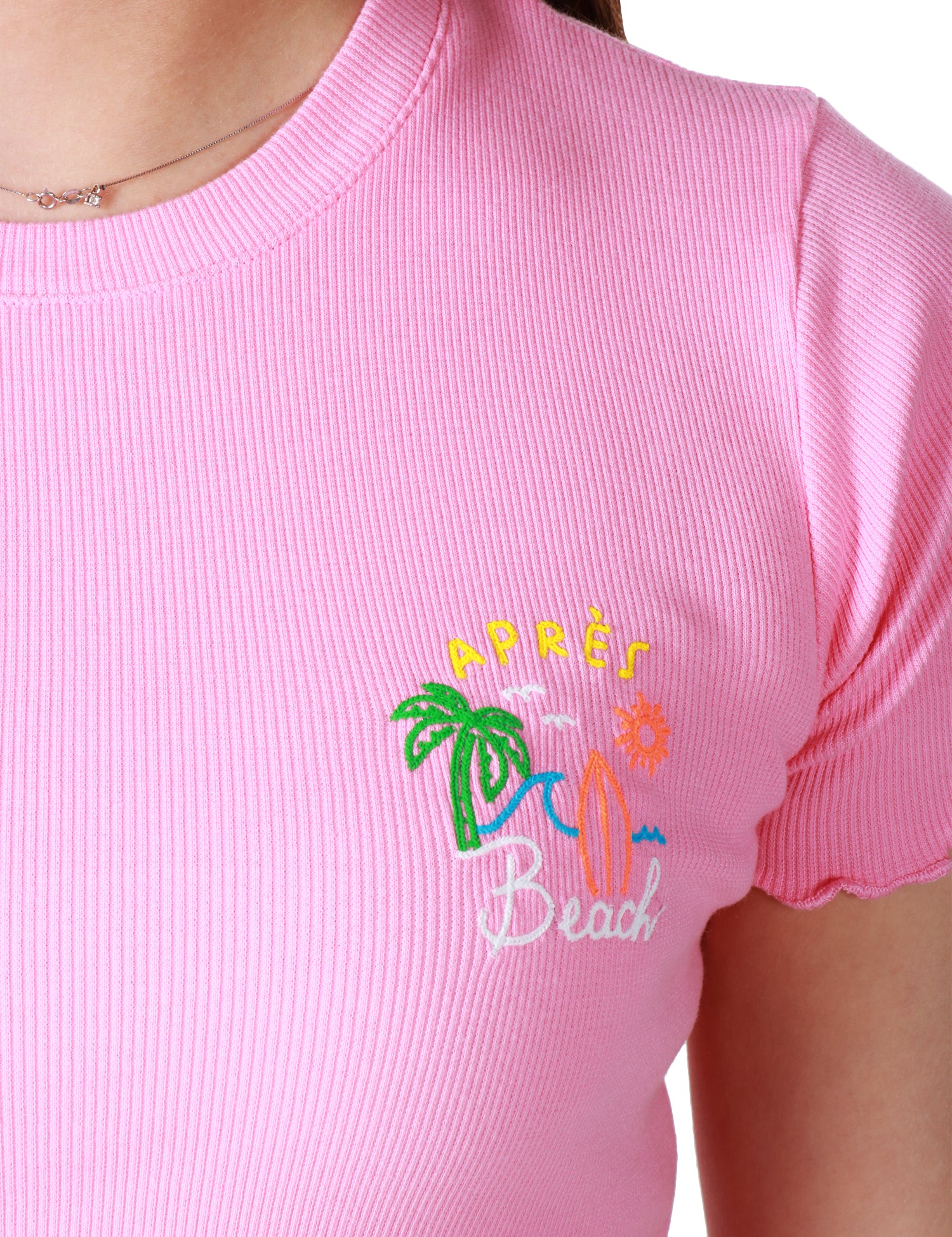 T-SHIRT DONNA MC 2 SAINT BARTH ROSA GIROCOLLO A COSTINE CON PICCOLO DISEGNO SUL PETTO E LOGO RICAMATO SULLA MANICA