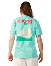 T-SHIRT UOMO MC 2 SAINT BARTH VERDE ACQUA GIROCOLLO CON SCRITTA SUL PETTO E DIETRO "CAPRI ADDICTED" E LOGO RICAMATO SULLA MANICA