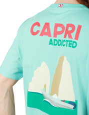 T-SHIRT UOMO MC 2 SAINT BARTH VERDE ACQUA GIROCOLLO CON SCRITTA SUL PETTO E DIETRO "CAPRI ADDICTED" E LOGO RICAMATO SULLA MANICA