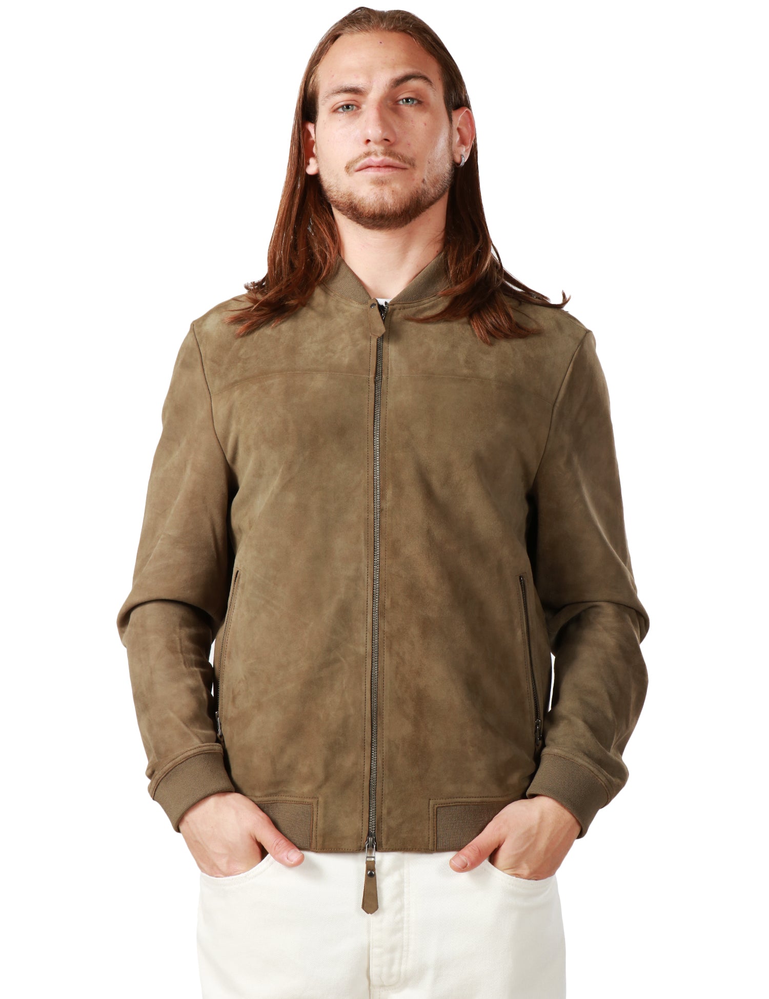 GIUBBOTTO BOMBER UOMO OFFICINA 36 VERDE MILITARE CON ZIP CENTRALE E TASCHE IN PELLE SCAMOSCIATA