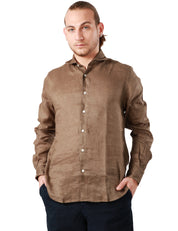 CAMICIA UOMO PORTOFIORI FANGO 100% LINO A MANICA LUNGA