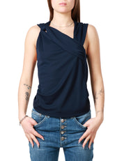 TOP DONNA SEVENTY BLU SMANICATO ASIMMETRICO CON NODO SULLA SPALLA