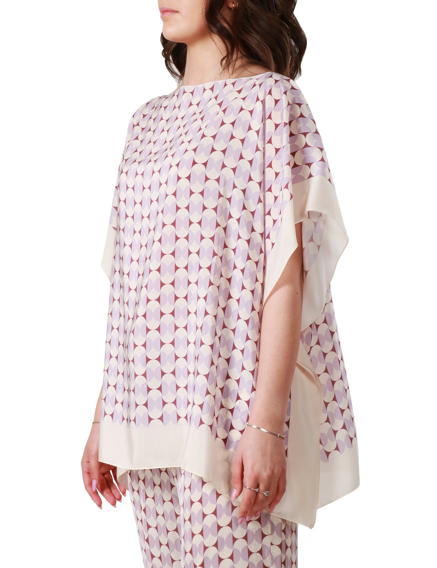 MAGLIA PONCHO DONNA SEVENTY LILLA CON STAMPA GEOMETRICA IN CRèPE DE CHINè