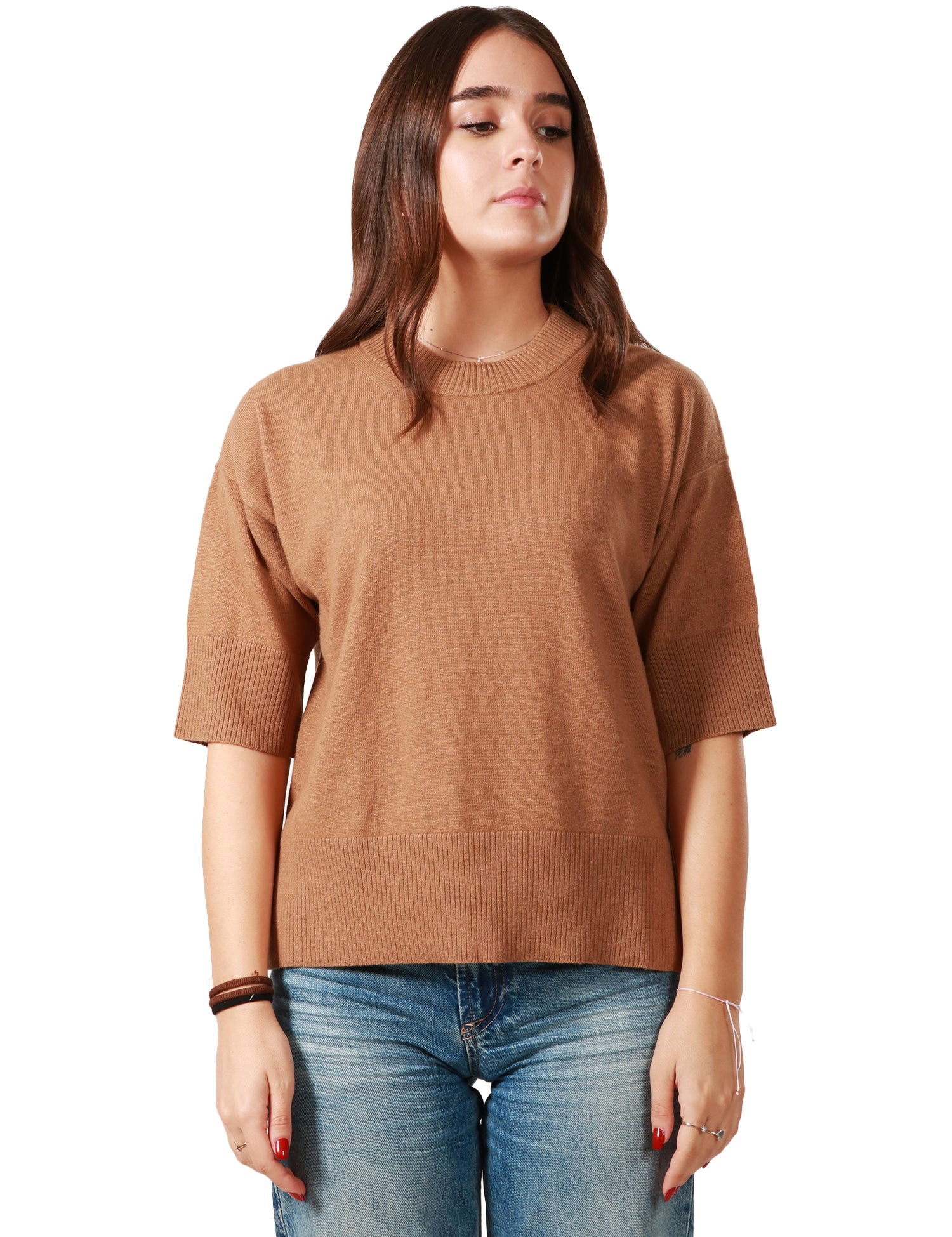 MAGLIA DONNA ALPHA STUDIO NOCCIOLA GIROCOLLO A MEZZA MANICA BOXY IN LANA RASATA