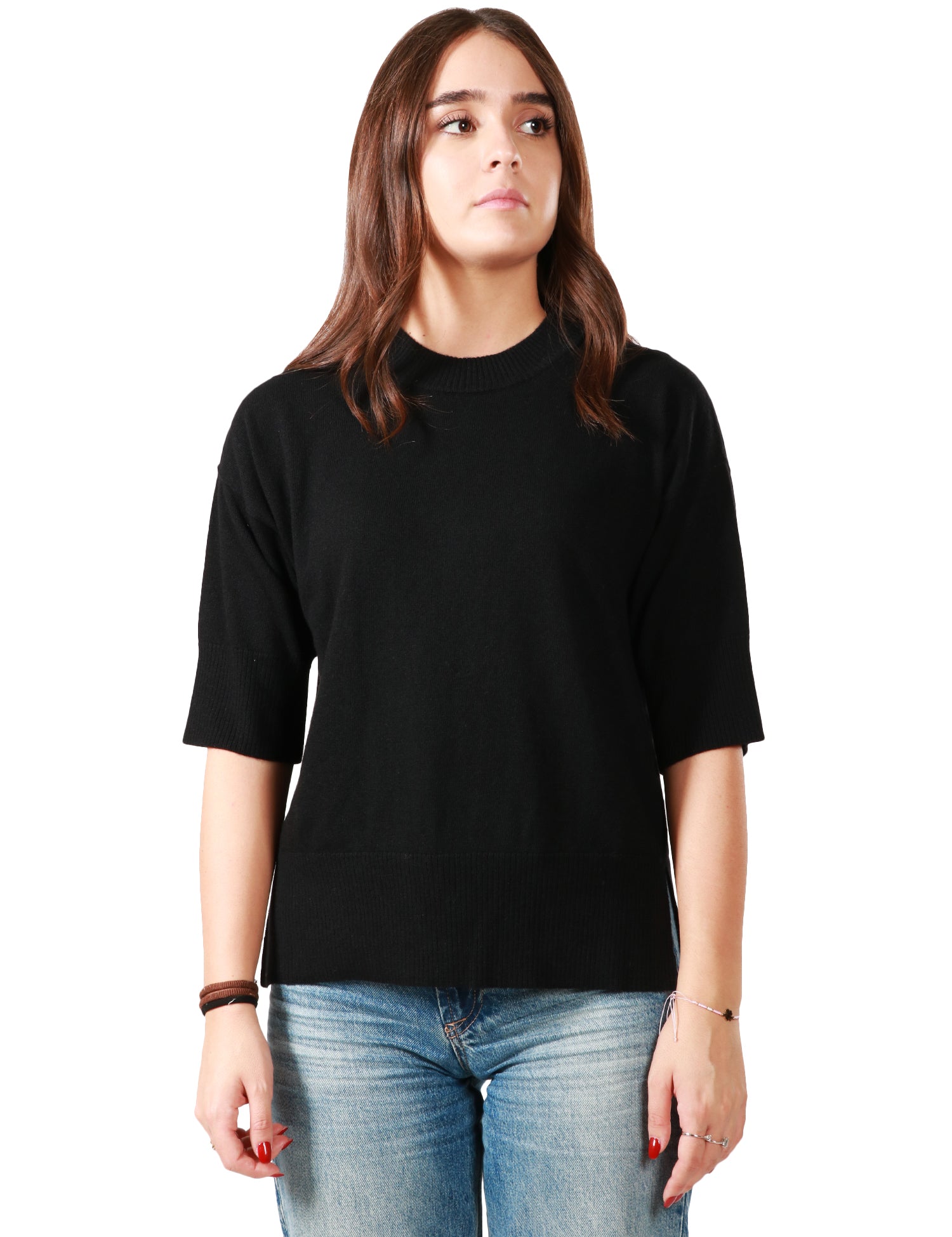 MAGLIA DONNA ALPHA STUDIO NERA GIROCOLLO MEZZA MANICA BOXY IN LANA