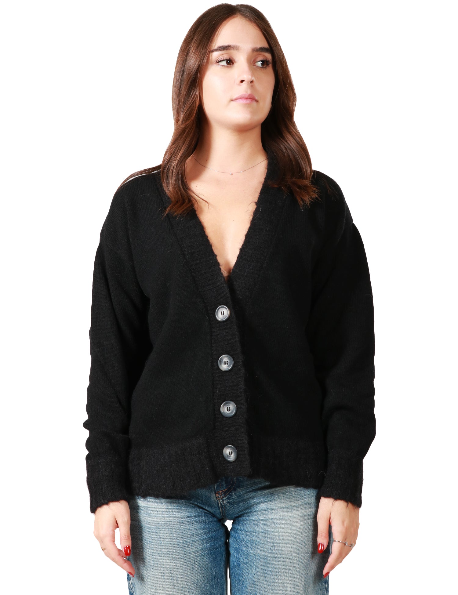 CARDIGAN DONNA ALPHA STUDIO NERO CON SCOLLO A V E BOTTONI IN LANA BIMATERIALE