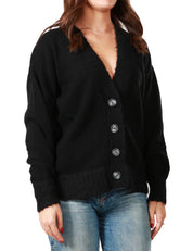 CARDIGAN DONNA ALPHA STUDIO NERO CON SCOLLO A V E BOTTONI IN LANA BIMATERIALE