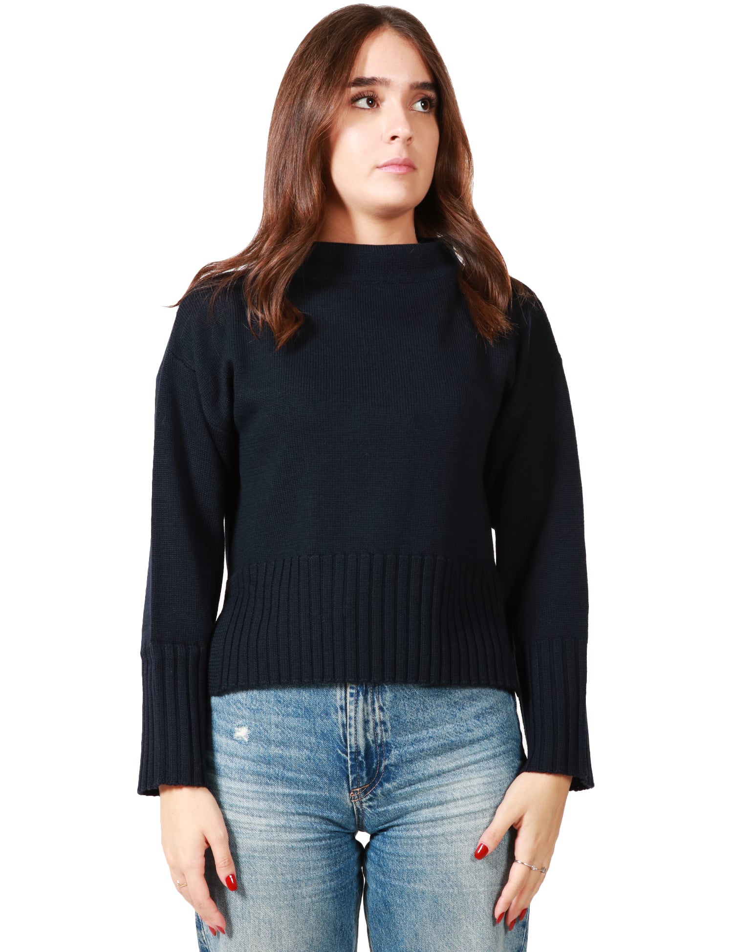 MAGLIONE DONNA ALPHA STUDIO BLU NOTTE CON COLLO TIFFANY E SPACCHI LATERALI IN LANA MERINOS EXTRAFINE