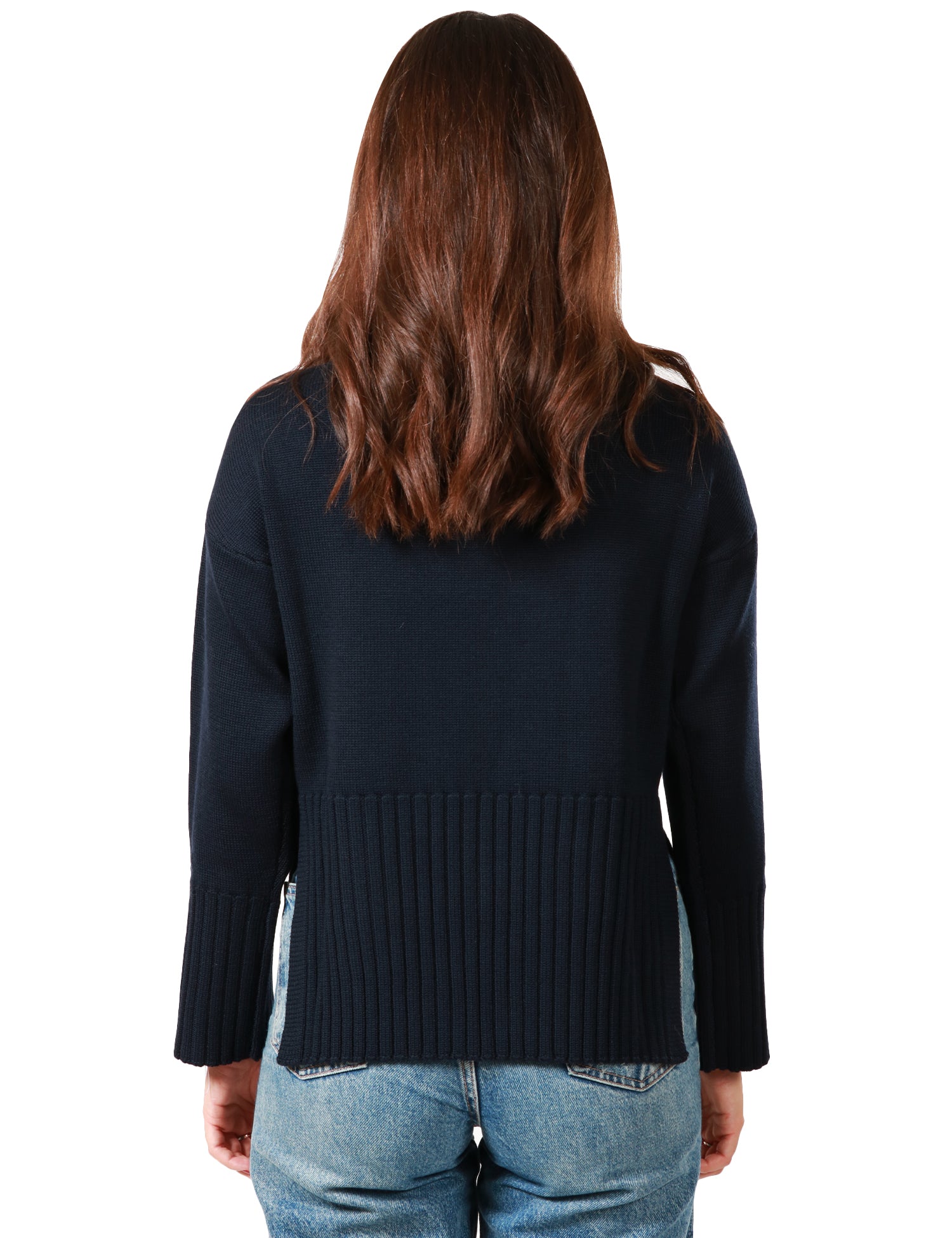 MAGLIONE DONNA ALPHA STUDIO BLU NOTTE CON COLLO TIFFANY E SPACCHI LATERALI IN LANA MERINOS EXTRAFINE