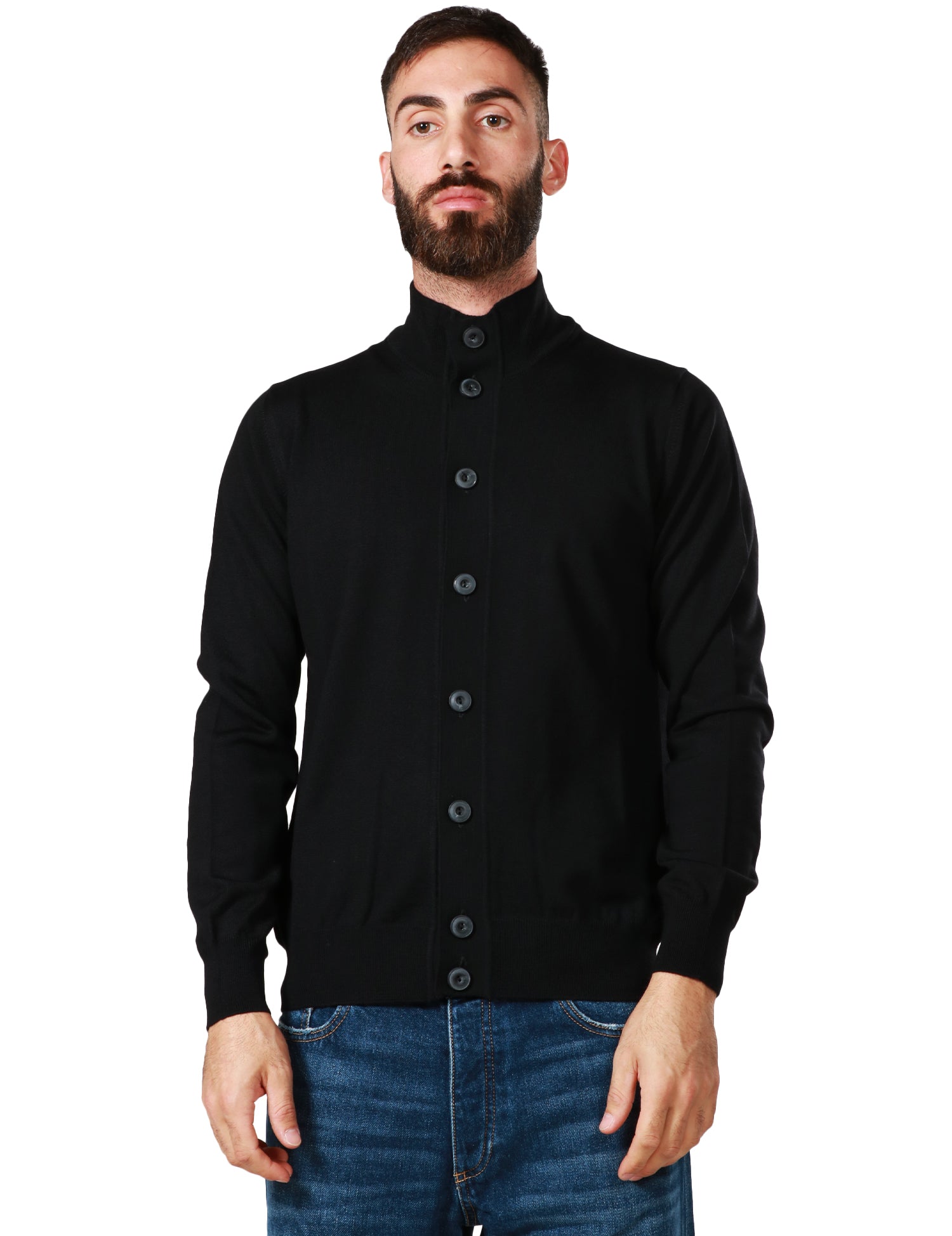 CARDIGAN BLOUSON UOMO ALPHA STUDIO NERO CON BOTTONI IN TONO 100% LANA MERINOS