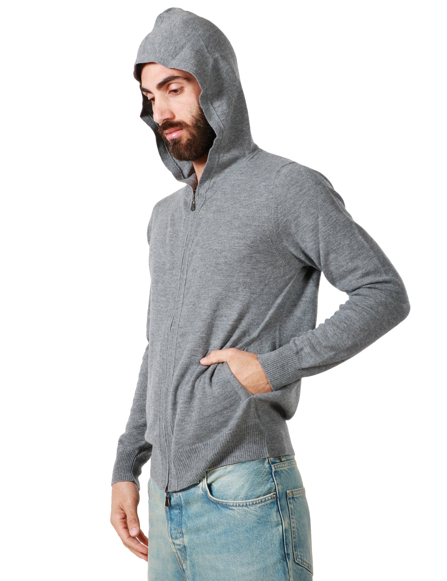 MAGLIA UOMO ALPHA STUDIO GRIGIO MEDIO CON ZIP E CAPPUCCIO IN LANA VERGINE