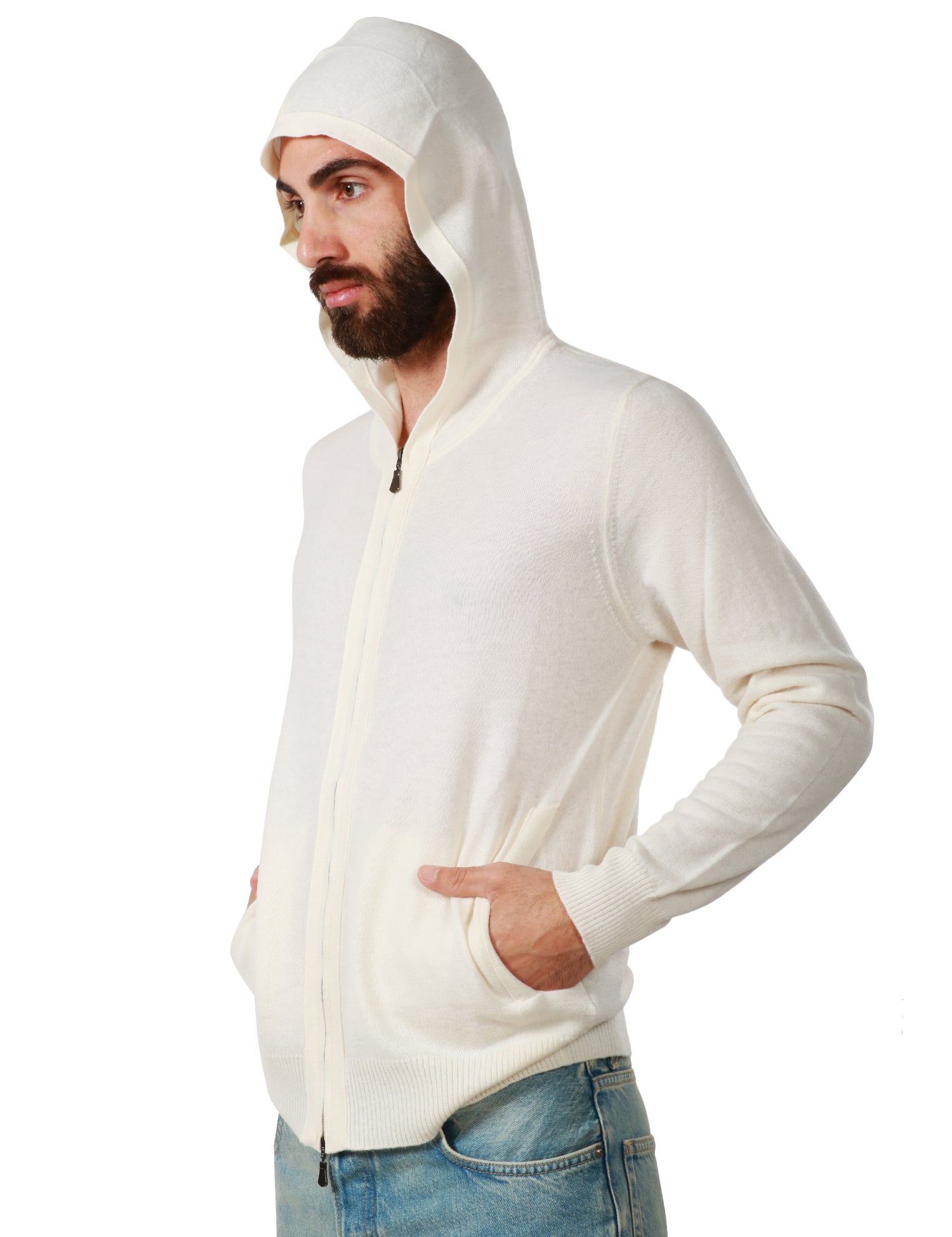 MAGLIA UOMO ALPHA STUDIO LATTE CON ZIP E CAPPUCCIO IN LANA VERGINE