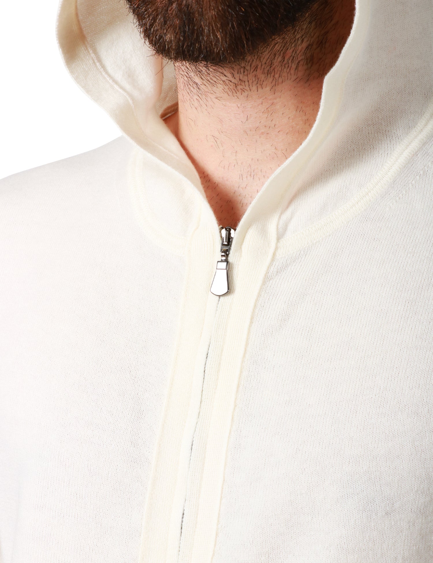 MAGLIA UOMO ALPHA STUDIO LATTE CON ZIP E CAPPUCCIO IN LANA VERGINE