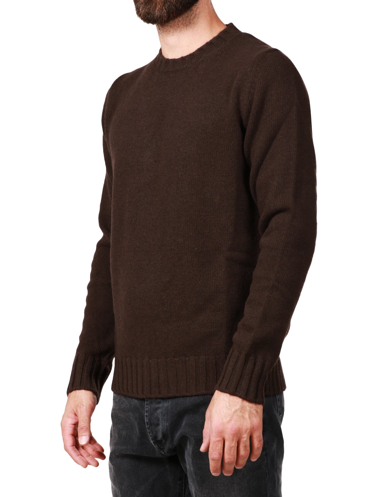 MAGLIONE UOMO ALPHA STUDIO MARRONE GIROCOLLO CON POLSI E ORLI A COSTE IN MISTO LANA E CASHMERE