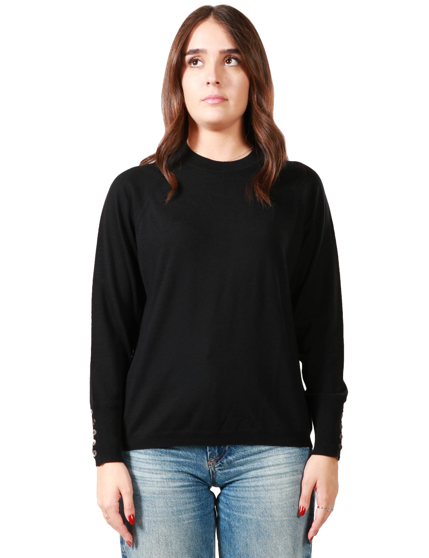 MAGLIA DONNA ALPHA STUDIO NERA GIROCOLLO RAGLAN CON BOTTONI AL FONDO MANICA 100% LANA MERINOS