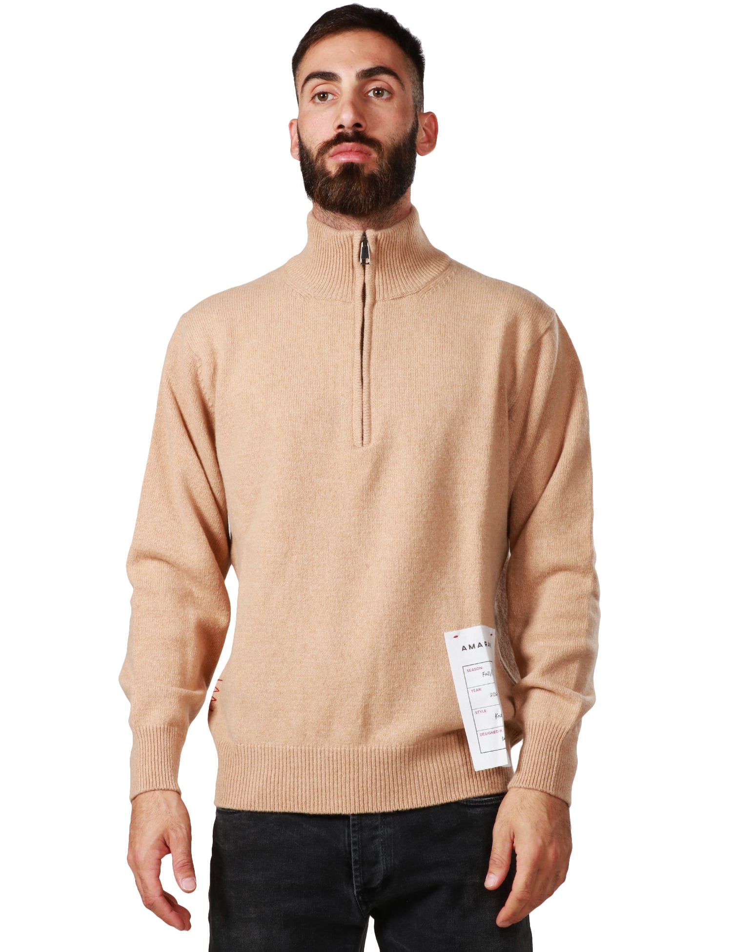 MAGLIONE UOMO AMARANTO NOCCIOLA COLLO ALTO CON MEZZA ZIP IN MISTO LANA E CASHMERE