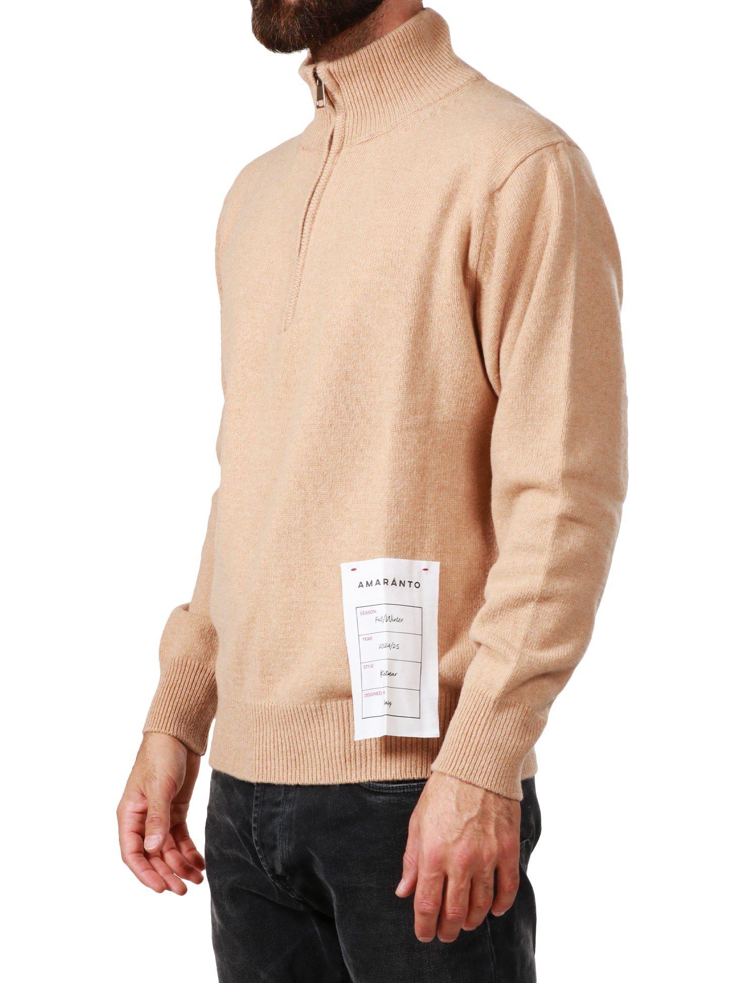 MAGLIONE UOMO AMARANTO NOCCIOLA COLLO ALTO CON MEZZA ZIP IN MISTO LANA E CASHMERE