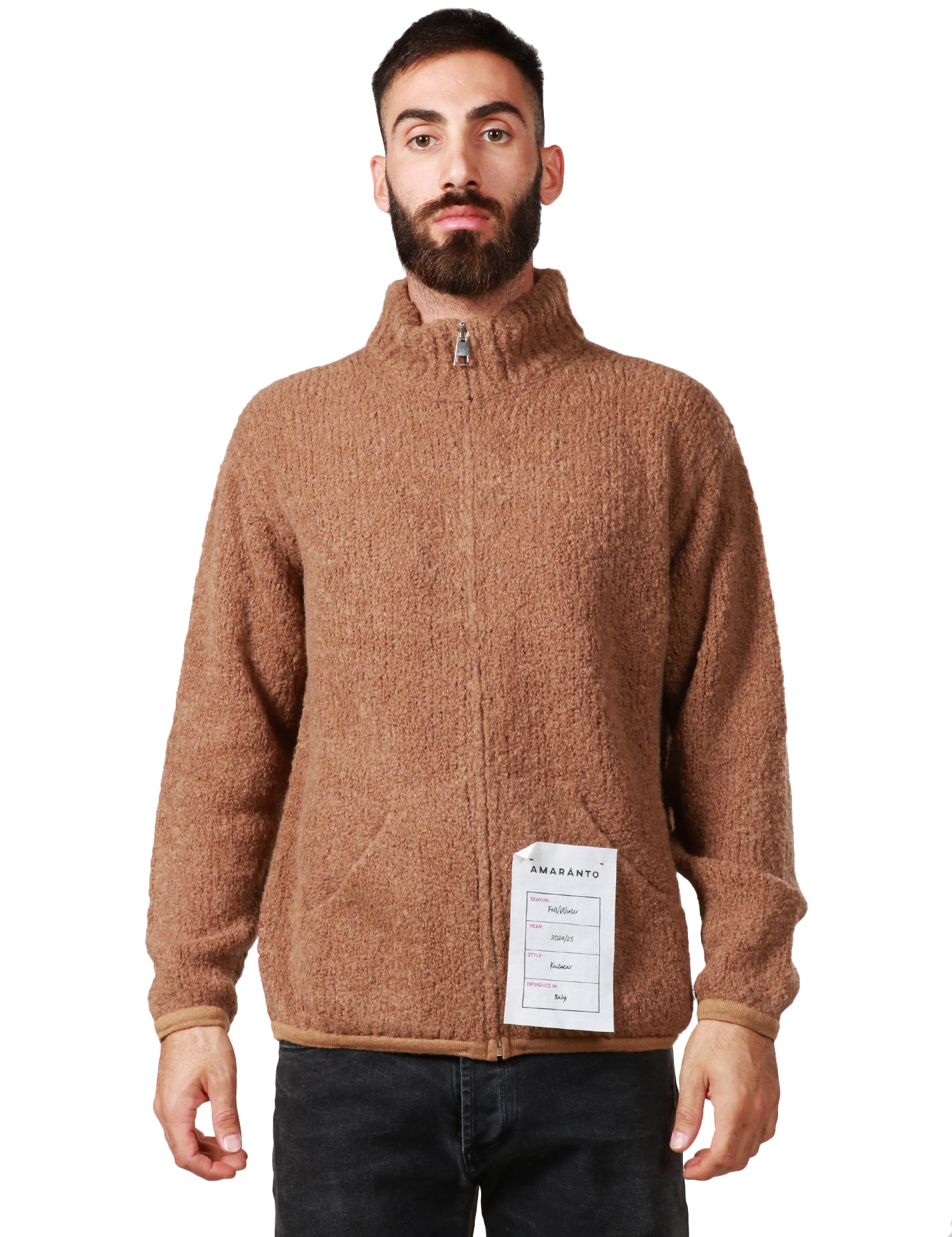 CARDIGAN UOMO AMARANTO CAMEL CON FULL ZIP E TASCHE A MARSUPIO IN MAGLIA BOUCLè DI MISTO ALPACA