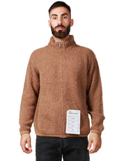 CARDIGAN UOMO AMARANTO CAMEL CON FULL ZIP E TASCHE A MARSUPIO IN MAGLIA BOUCLè DI MISTO ALPACA