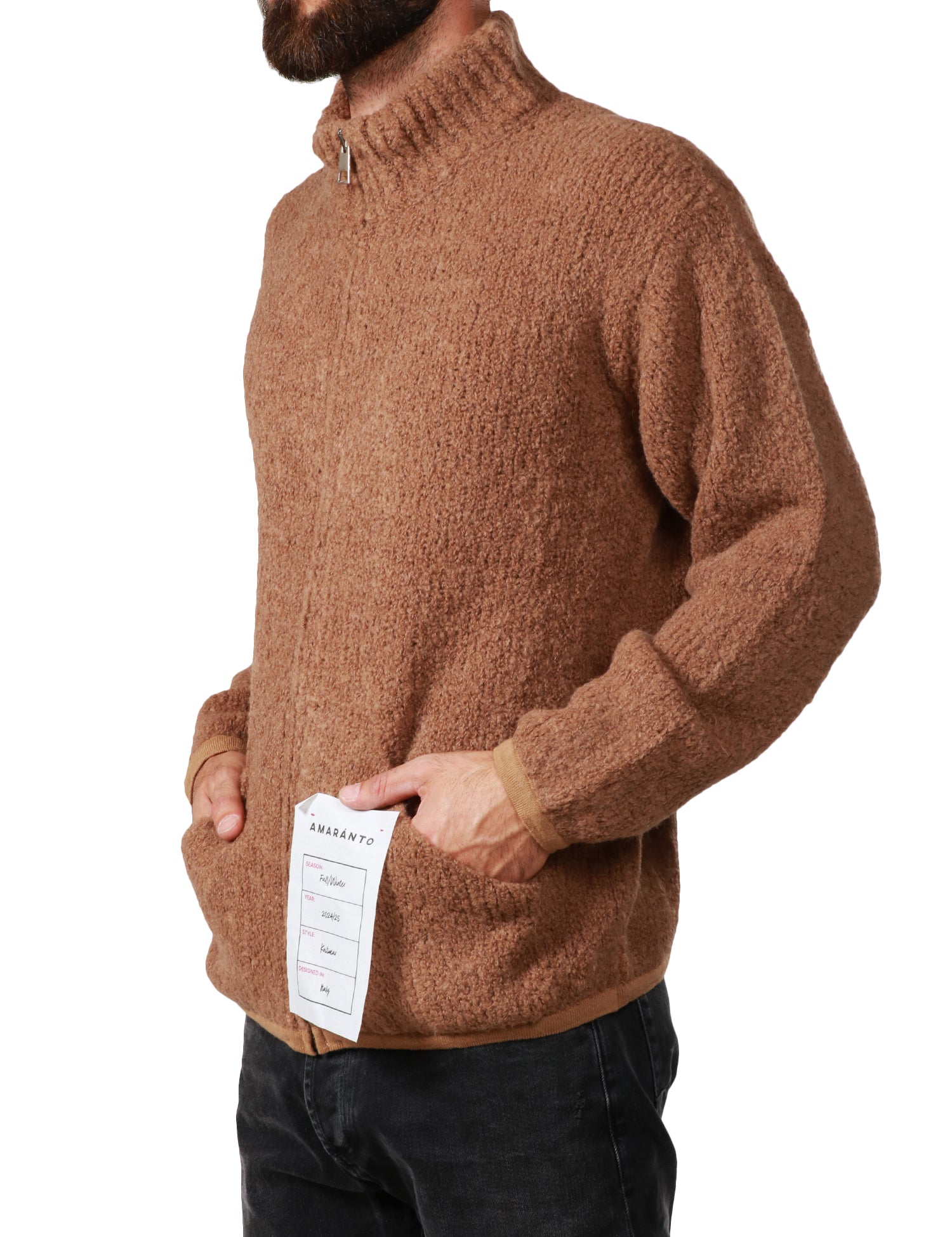 CARDIGAN UOMO AMARANTO CAMEL CON FULL ZIP E TASCHE A MARSUPIO IN MAGLIA BOUCLè DI MISTO ALPACA