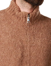 CARDIGAN UOMO AMARANTO CAMEL CON FULL ZIP E TASCHE A MARSUPIO IN MAGLIA BOUCLè DI MISTO ALPACA