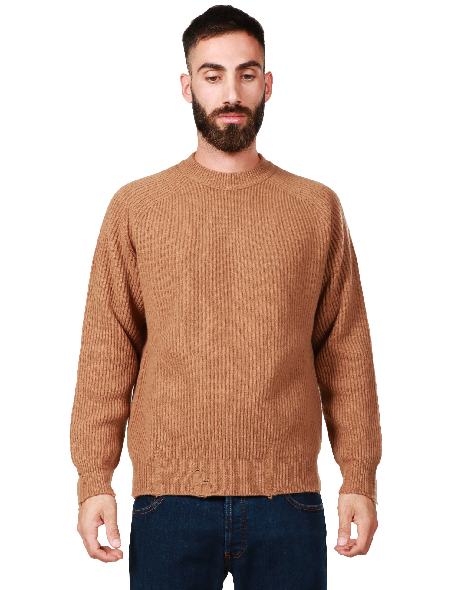 MAGLIONE UOMO ATOMOFACTORY CAMMELLO GIROCOLLO IN LANA E CASHMERE A COSTA INGLESE CON STRAMATURE AI FONDI