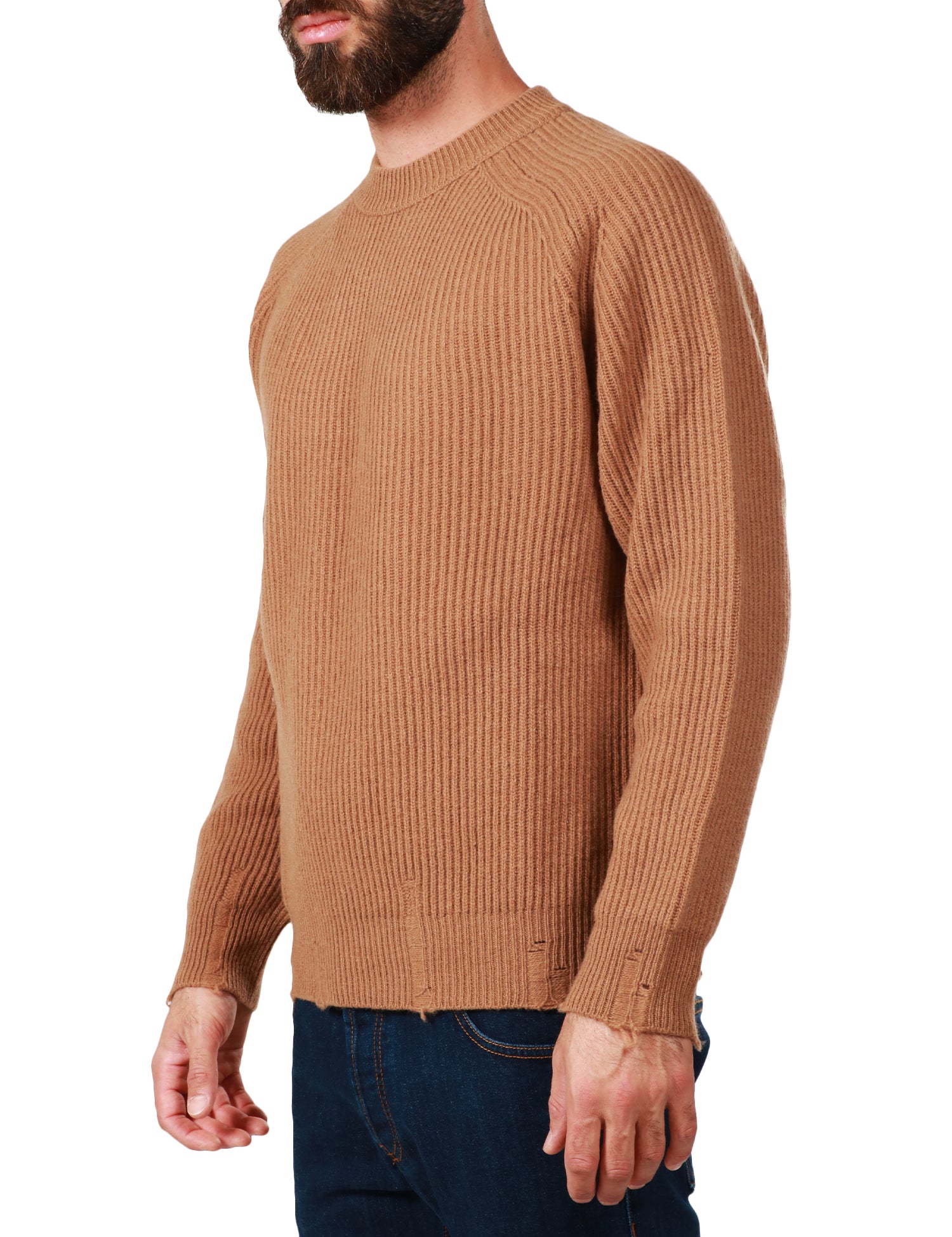 MAGLIONE UOMO ATOMOFACTORY CAMMELLO GIROCOLLO IN LANA E CASHMERE A COSTA INGLESE CON STRAMATURE AI FONDI