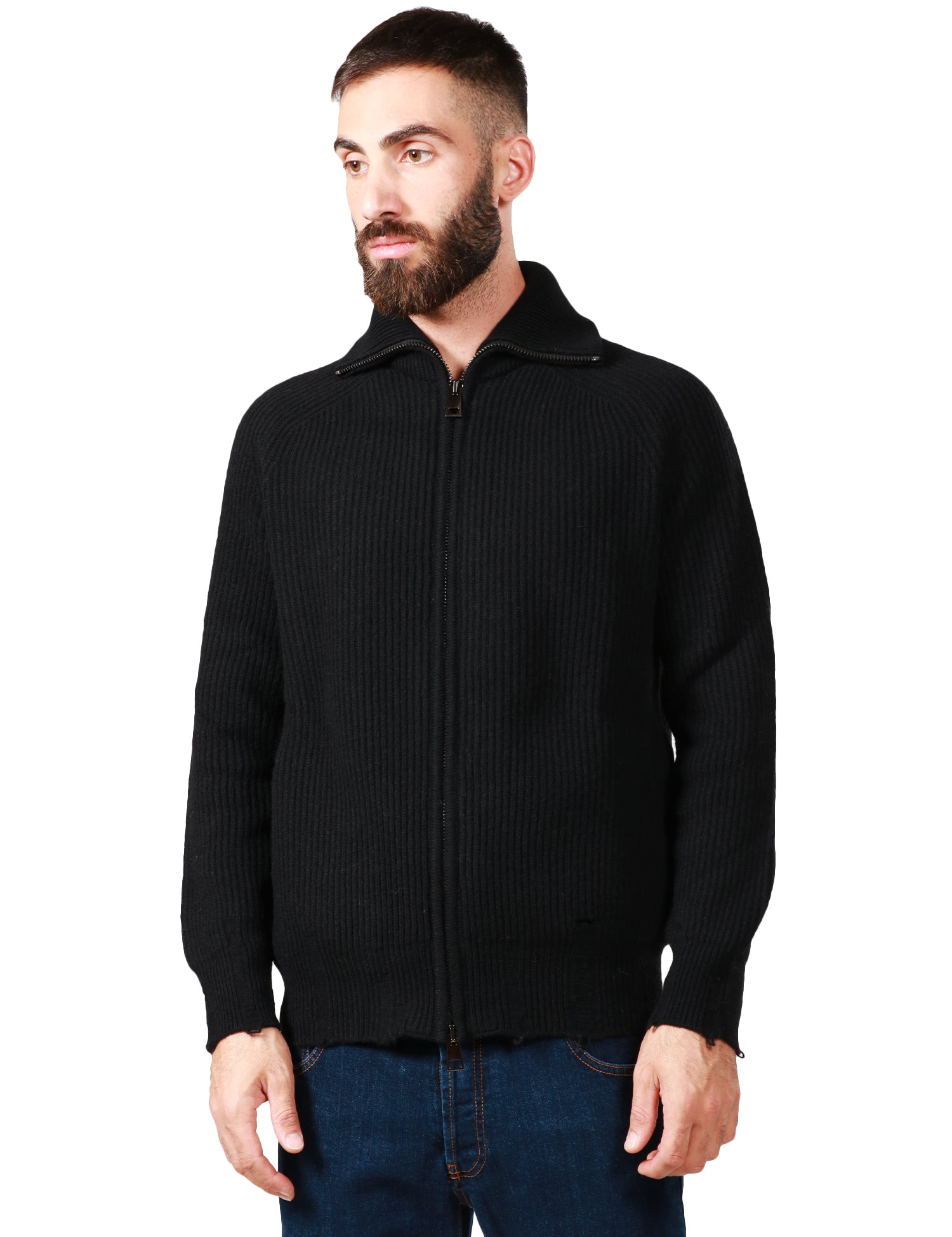 CARDIGAN UOMO ATOMOFACTORY NERO A COSTA INGLESE IN LANA E CASHMERE CON ZIP E ROTTURE SUI FONDI