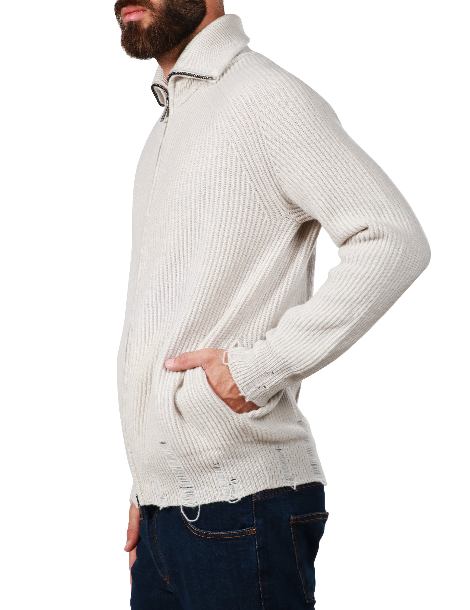 CARDIGAN UOMO ATOMOFACTORY BEIGE A COSTA INGLESE IN LANA E CASHMERE CON ZIP E ROTTURE SUI FONDI