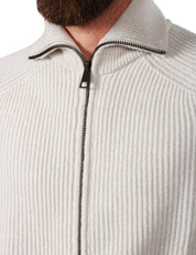 CARDIGAN UOMO ATOMOFACTORY BEIGE A COSTA INGLESE IN LANA E CASHMERE CON ZIP E ROTTURE SUI FONDI