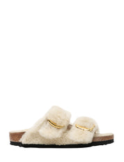 CIABATTA DONNA BIRKENSTOCK ARIZONA BIG BUCKLE BIANCA IN PELLICCIA TEDDY DI AGNELLO E DOPPIA FIBBIA ORO