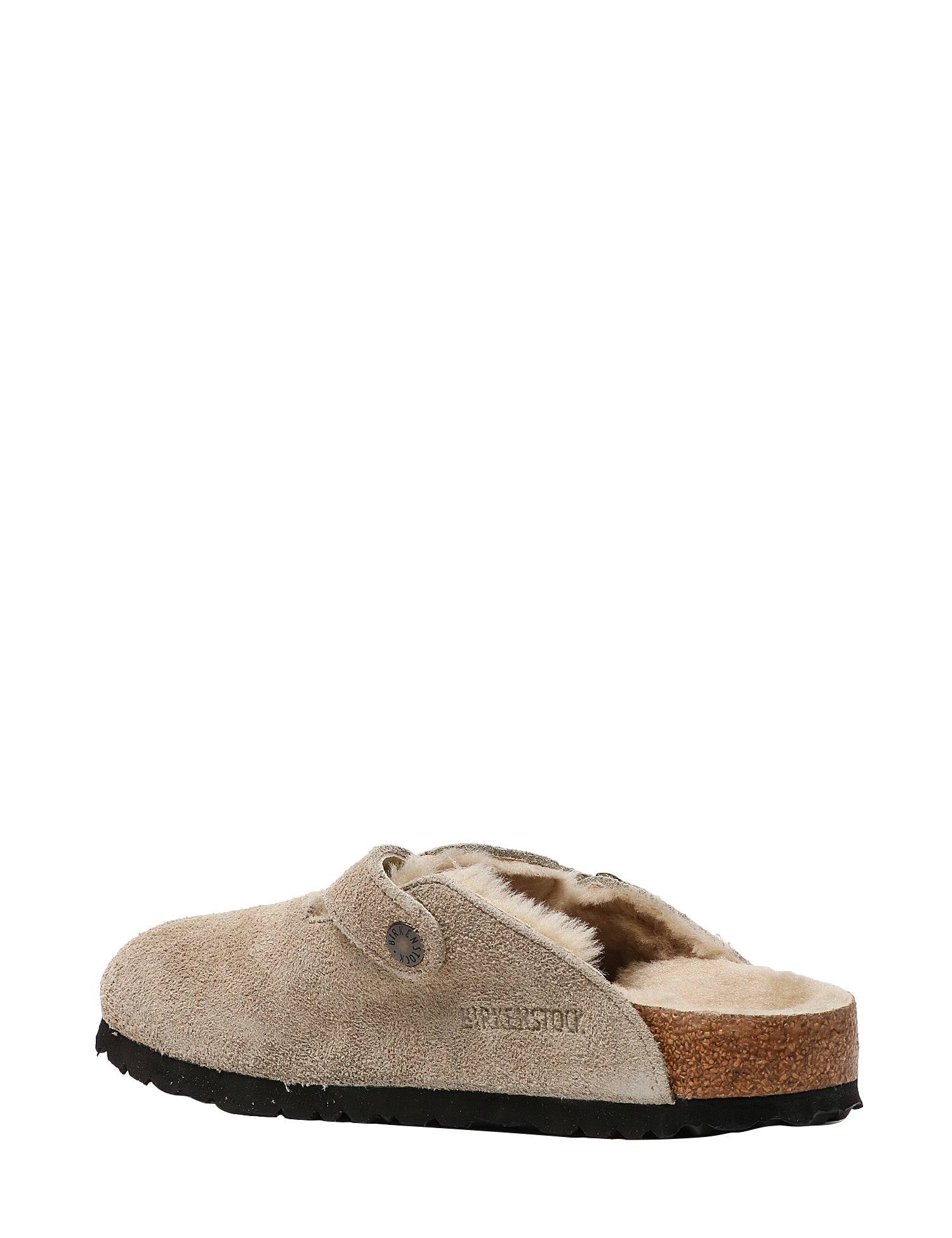 CIABATTA DONNA BIRKENSTOCK BOSTON TAUPE IN PELLE SCAMOSCIATA E PELLICCIA DI AGNELLO