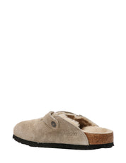 CIABATTA DONNA BIRKENSTOCK BOSTON TAUPE IN PELLE SCAMOSCIATA E PELLICCIA DI AGNELLO