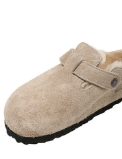 CIABATTA DONNA BIRKENSTOCK BOSTON TAUPE IN PELLE SCAMOSCIATA E PELLICCIA DI AGNELLO