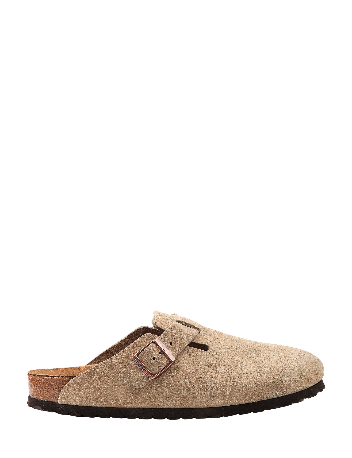 CIABATTA BIRKENSTOCK BOSTON TAUPE IN PELLE SCAMOSCIATA CON CINTURINO E PLANTARE IN SUGHERO