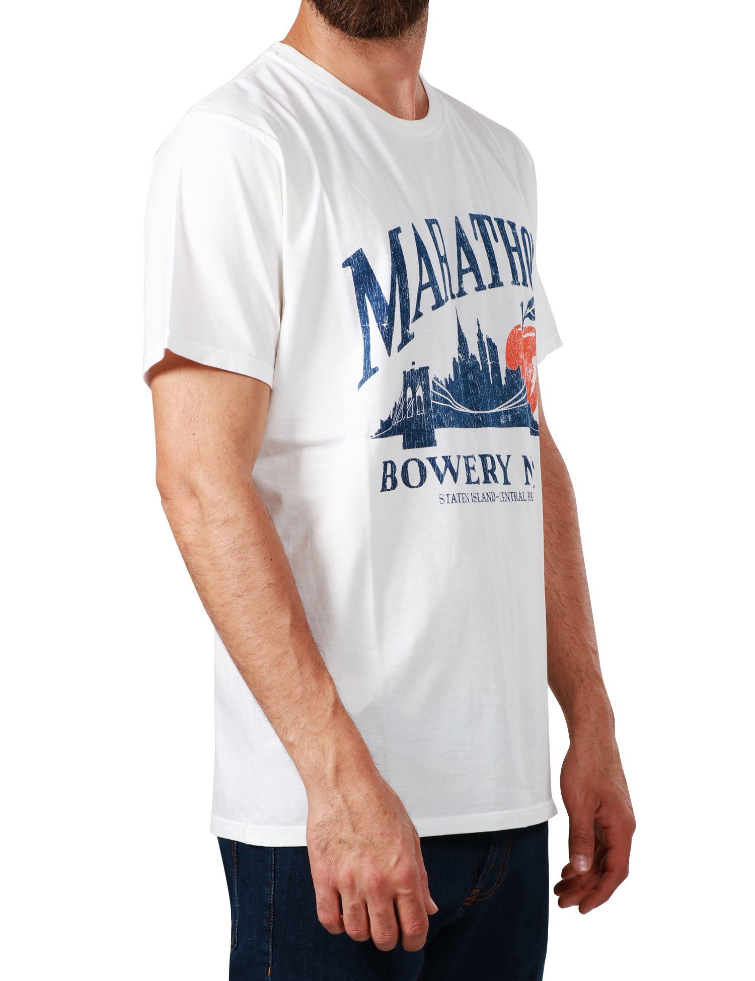 T-SHIRT UOMO BOWERY BIANCA CON STAMPA "MARATHON" BLU IN 100% COTONE