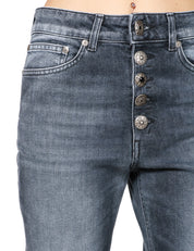 JEANS DONNA DONDUP KOONS IN DENIM STRETCH NERO A VITA REGOLARE CON BOTTONIERA GIOIELLO E LUNGHEZZA ALLA CAVIGLIA